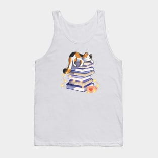 Calico Cat Sleeping On Books Tank Top